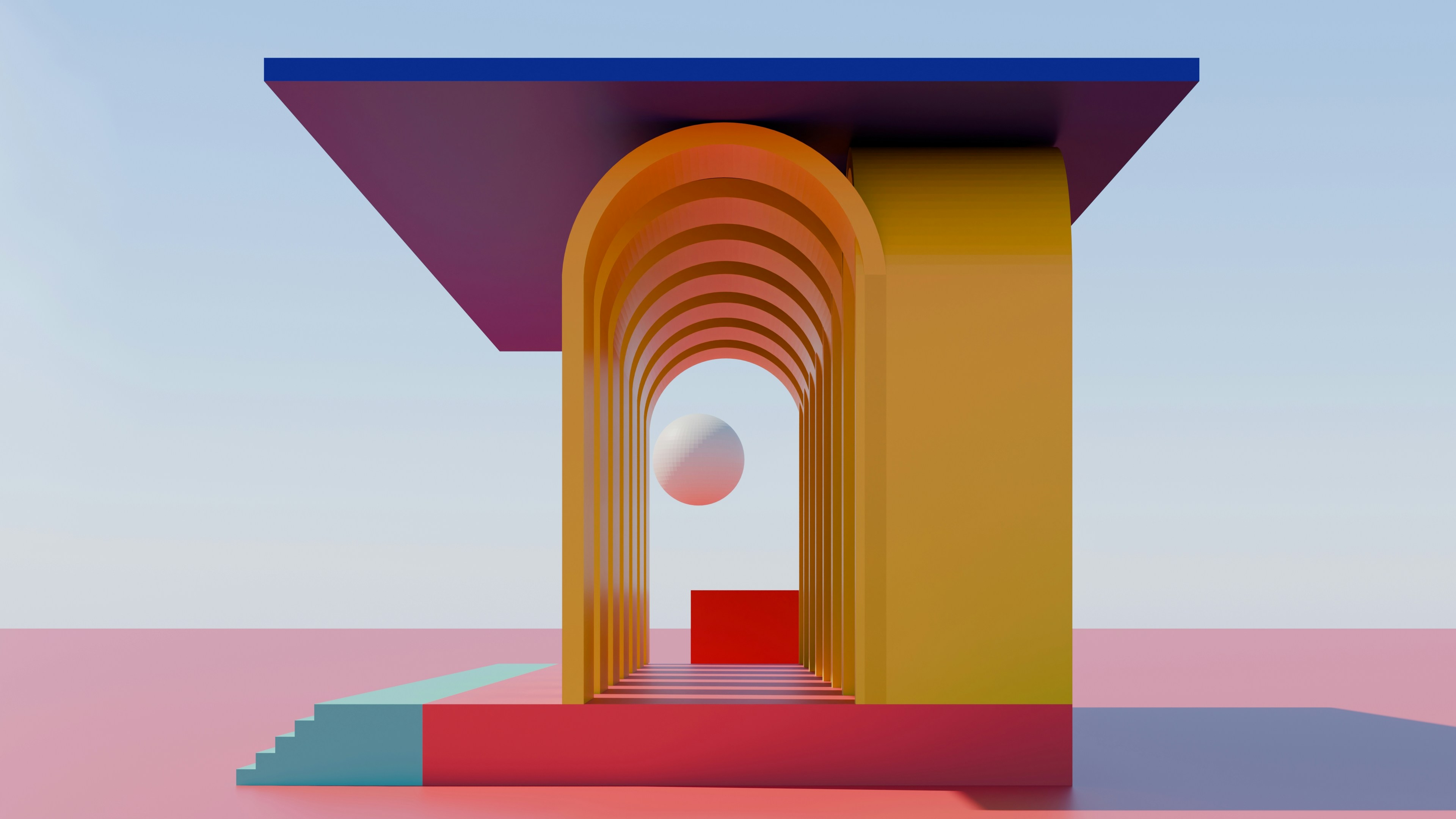 Colourful architectural corridor with repeating arches