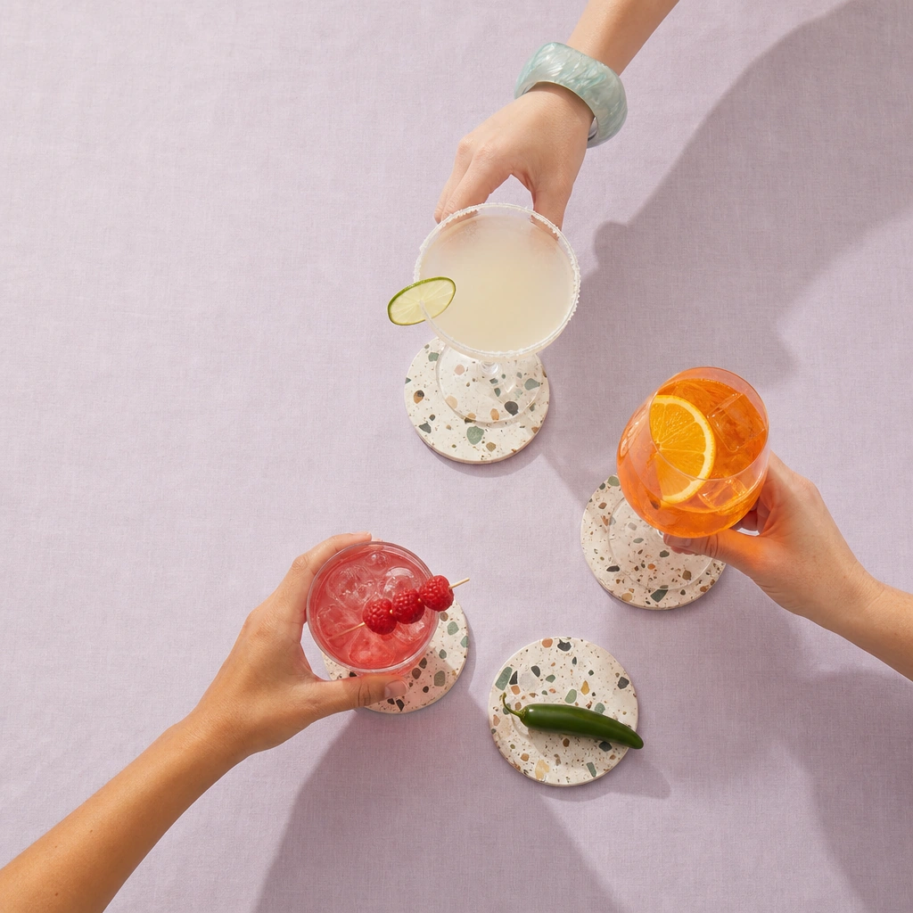 Three margarita glasses held together against a lilac background