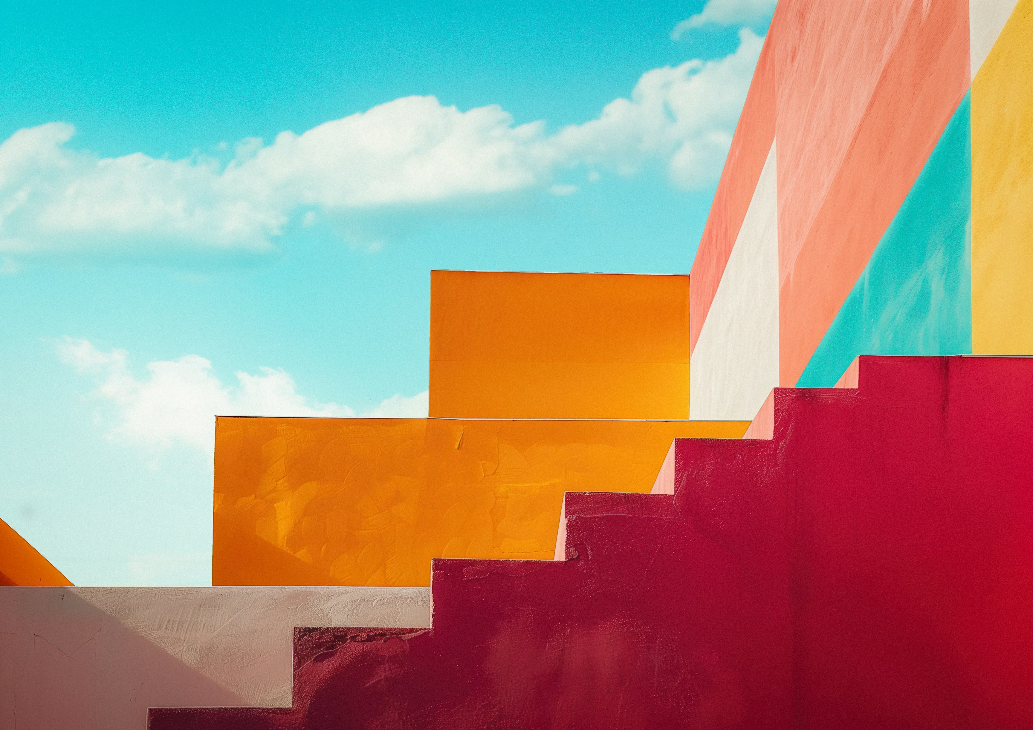 Colourful geometric architecture and steps beneath a bright blue sky
